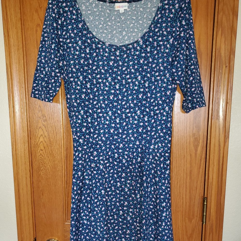 LuLaRoe Nicole dress, fit and flare, navy with pink flowers Size Large